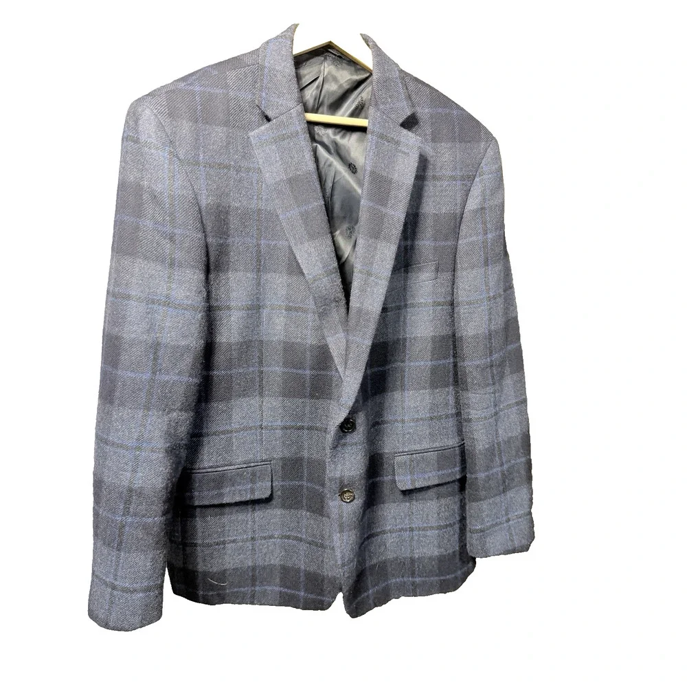 Lauren Ralph Lauren 100% Wool Plaid Blazer Sport Coat Blue Navy Mens Sz 46R